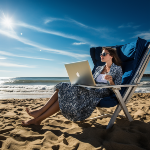 Sonne, Strand und Meer und eine Frau sitzt mit einem Laptop am Strand und macht Affiliate Marketing