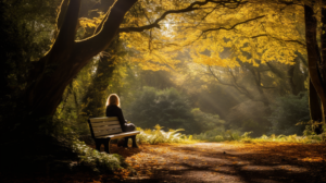Eine Frau sitzt auf einer Bank und gönnt sich ihre Auszeit