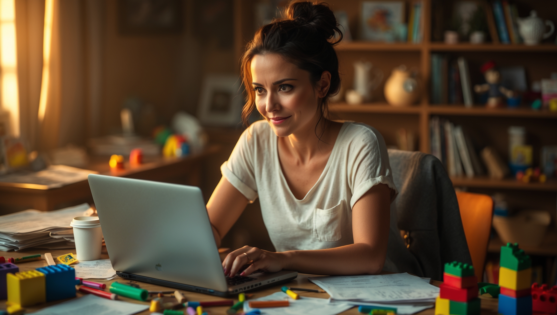 Mindset im Affiliate Marketing 15 Mindset - Mutter arbeitet nach dem Kinder im Bett sind, noch online an ihrem Blog - mit KI erstellt