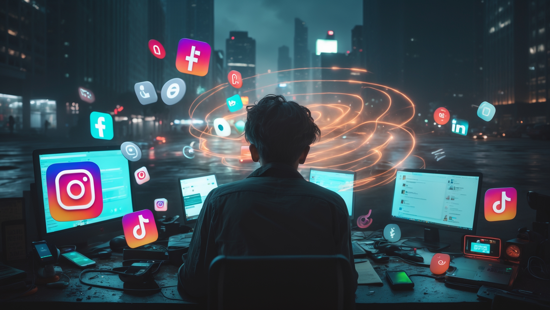 Eine Person bedient viele Social Media Plattformen mti seinem Content - mit KI erstellt
