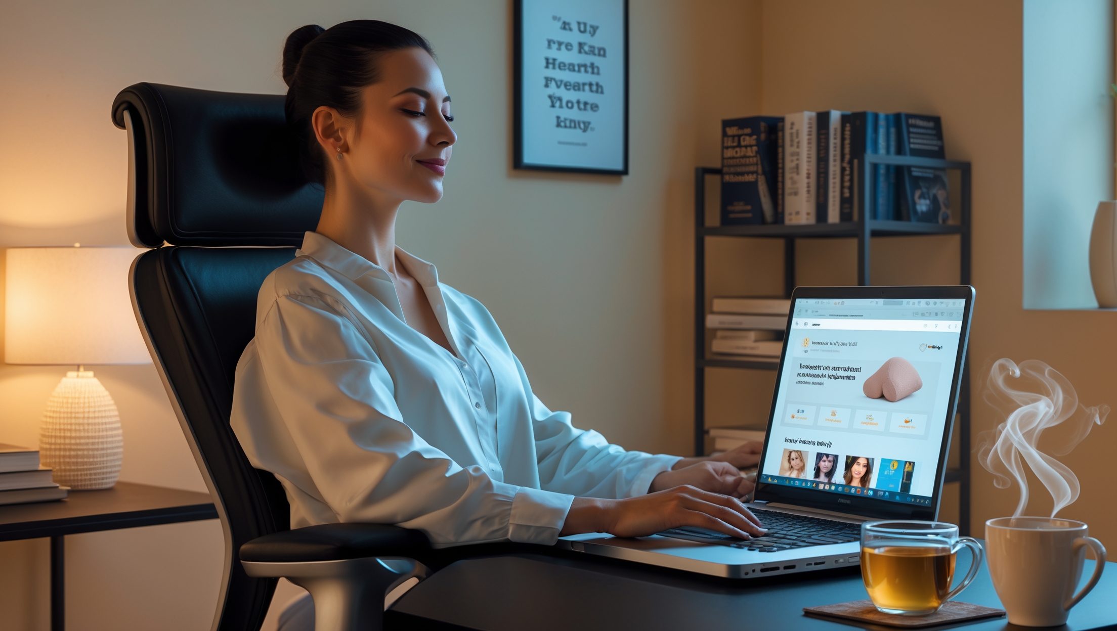 Evergreen Produkte -eine Frau sitzt auf ihrem Schreibtisch mit einer Tasse Tee und schaut sich bei Amazon nach Evergreen Produkten um - mit KI erstellt