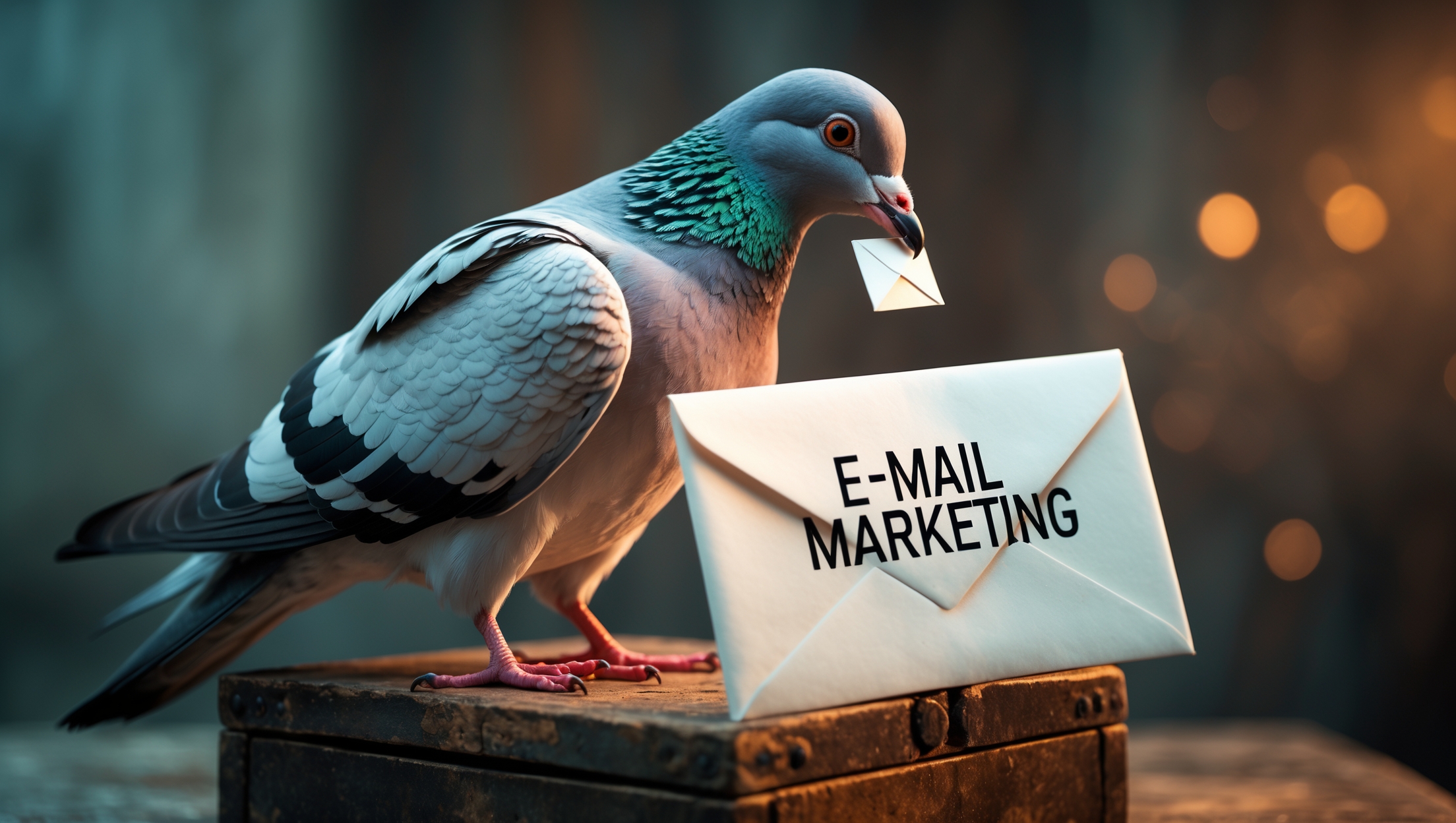 E-Mail Cashcow - Eine Taube sitzt und hat einen Brief im Schnabel auf dem E-Mail Marketing steht -mit KI erstellt