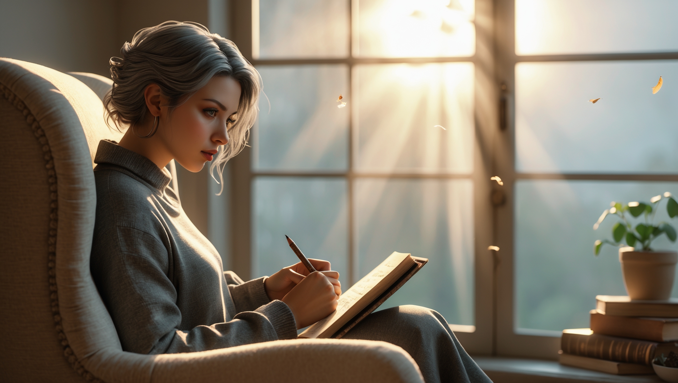 a woman writing in a book - mit KI erstellt