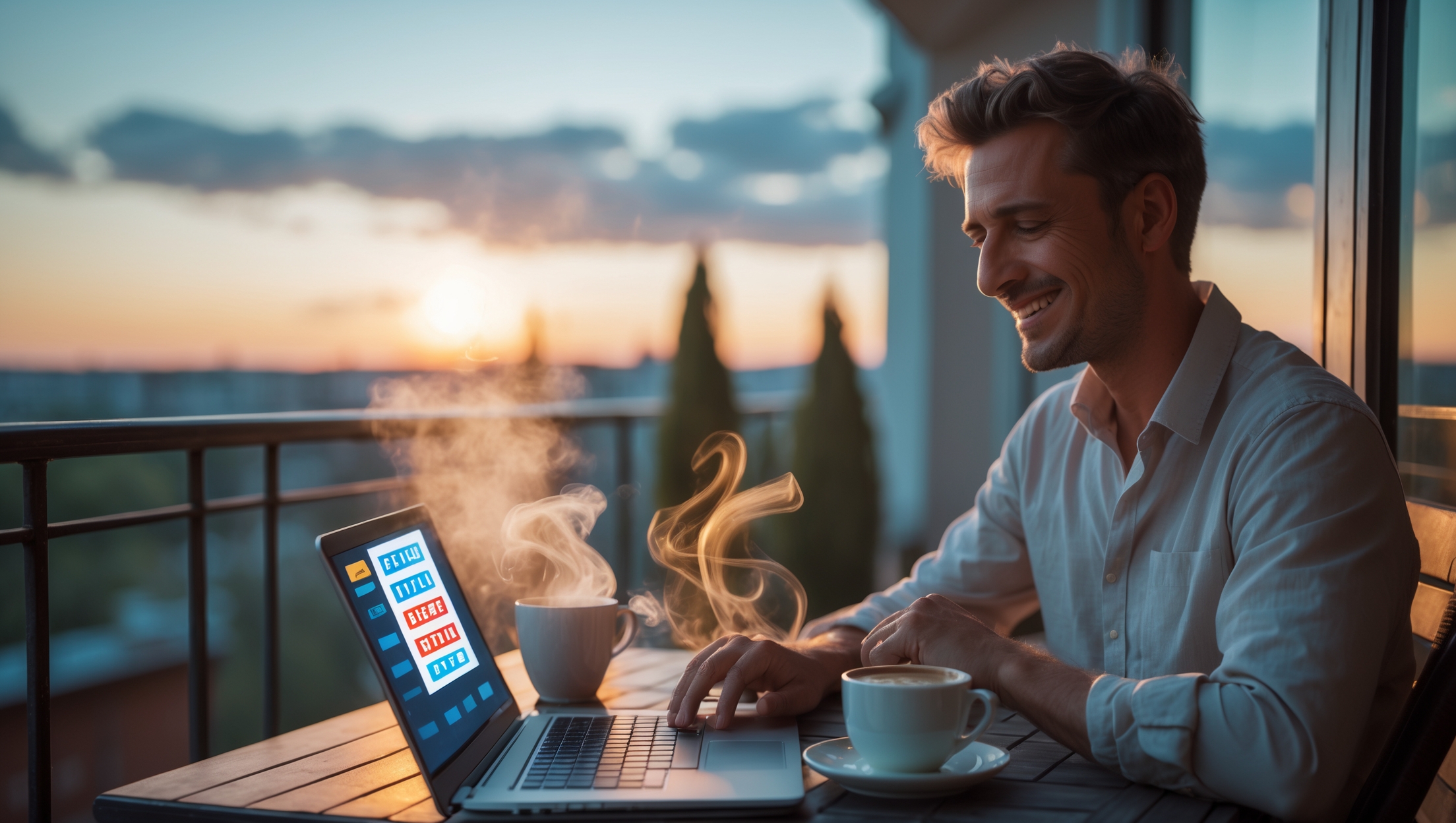 EMail Cash Cow - ein Mann sitzt auf seiner Terrasse uns sieht sich die Ergebnisse mir EMail Cash Cow an - mit KI erstellt