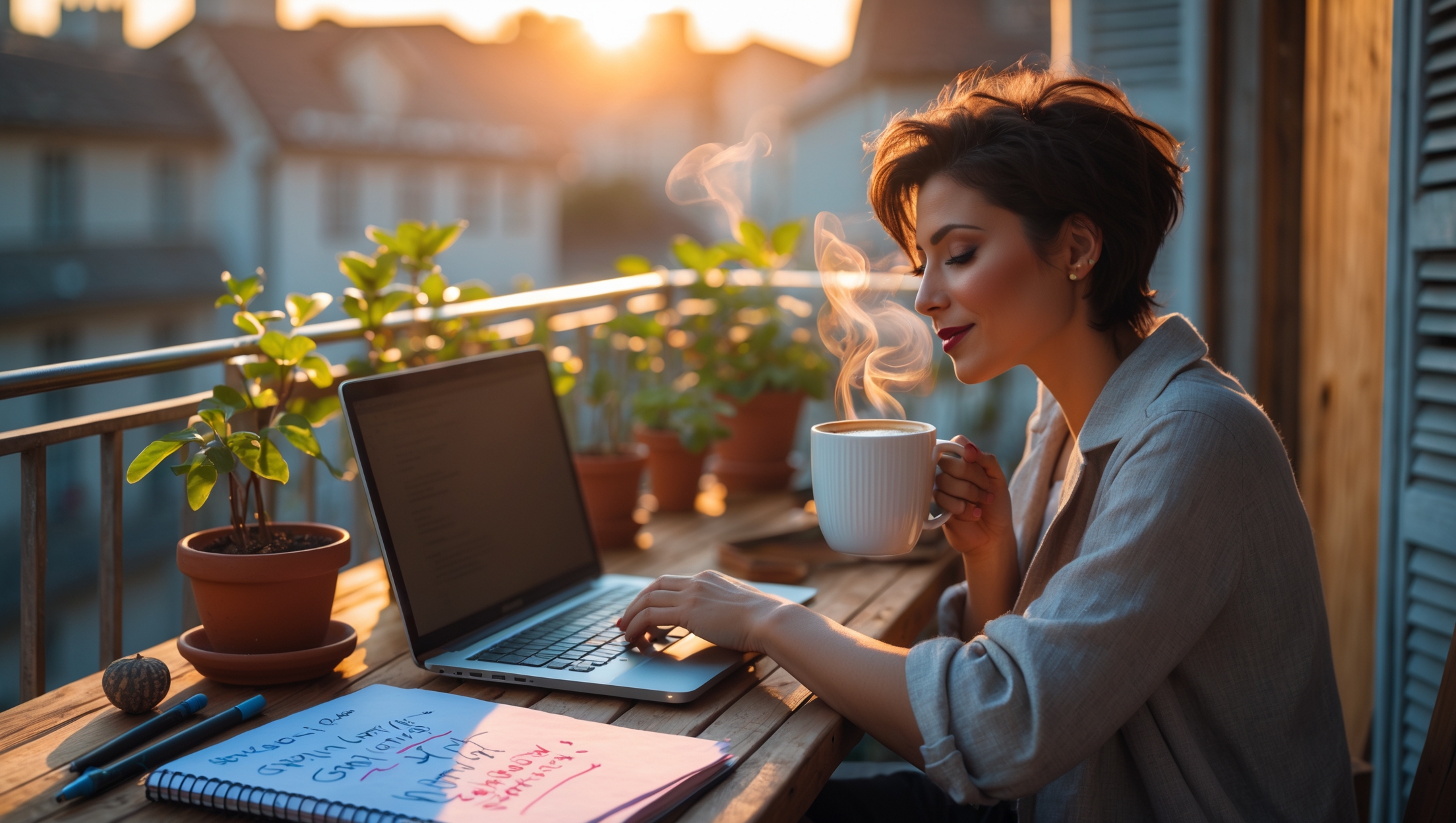 Content Strategie -eine Frau sitzt entspannt auf ihrem Balkon, mit einer Tasse Kaffee und einem Laptop und liest gerade meinen Artikel - mit KI erstellt
