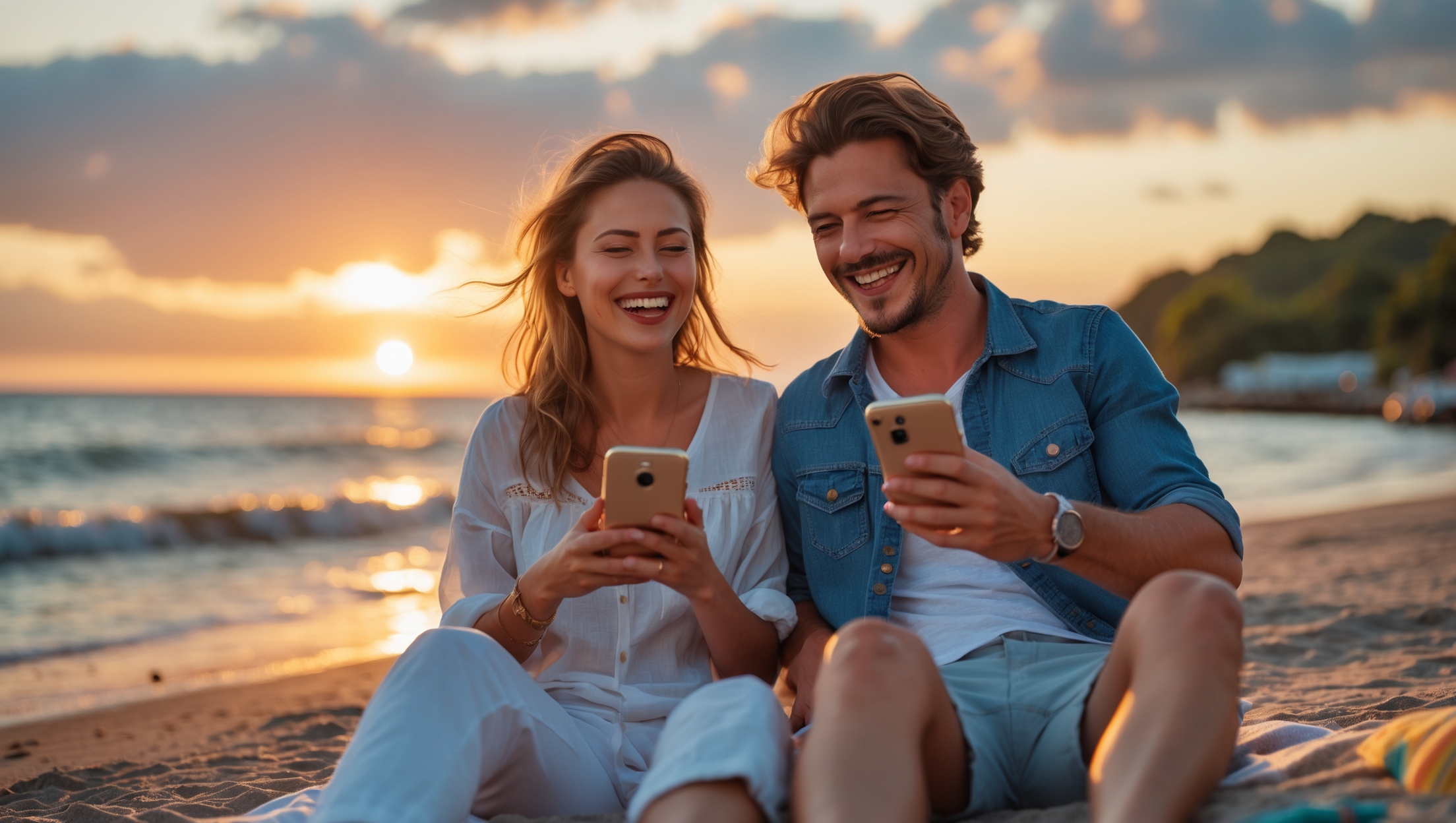 AIDA - Ein Paar sitzt am Strand mit ihren Smartphones und genießt die Abendstimmung - mit KI erstellt 