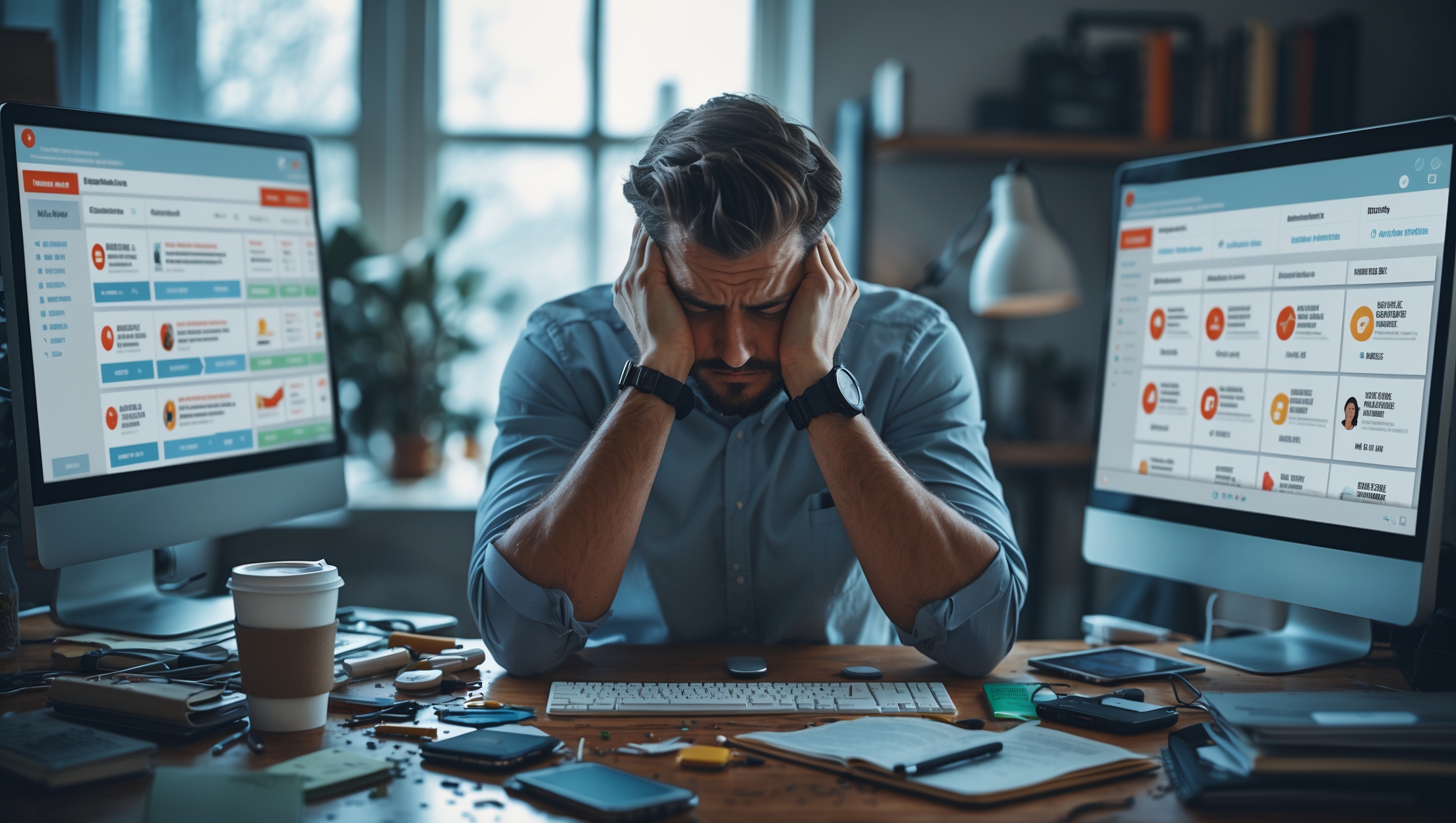 Krisenmanagement - Ein Mann sitzt vor seinem PC, Die hände am Kopf und schaut sehr verzweifelt aus weil die Provisionen gekürzt worden sind - mit KI erstellt