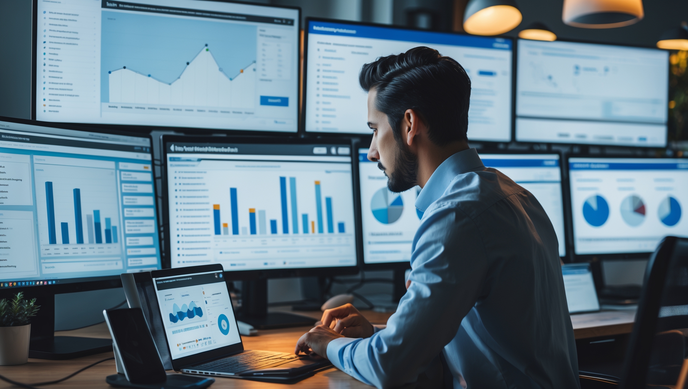 Krisenmanagement - Ein Mann schaut sich Daten, Fakten und Zahlen und Analysen an - mit KI erstellt