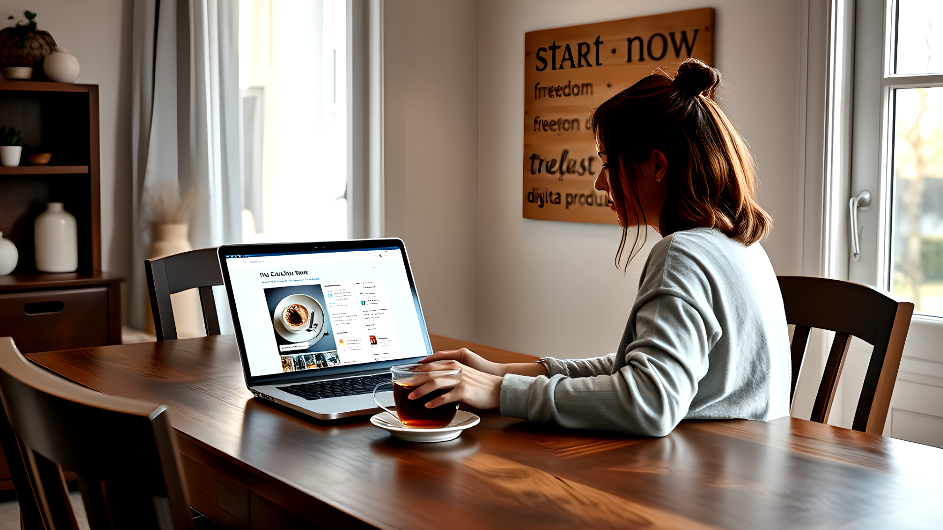 Online Business ohne Kaptital starten - Eine Frau sitzt am Laptop und macht genau dieses - mit KI erstellt