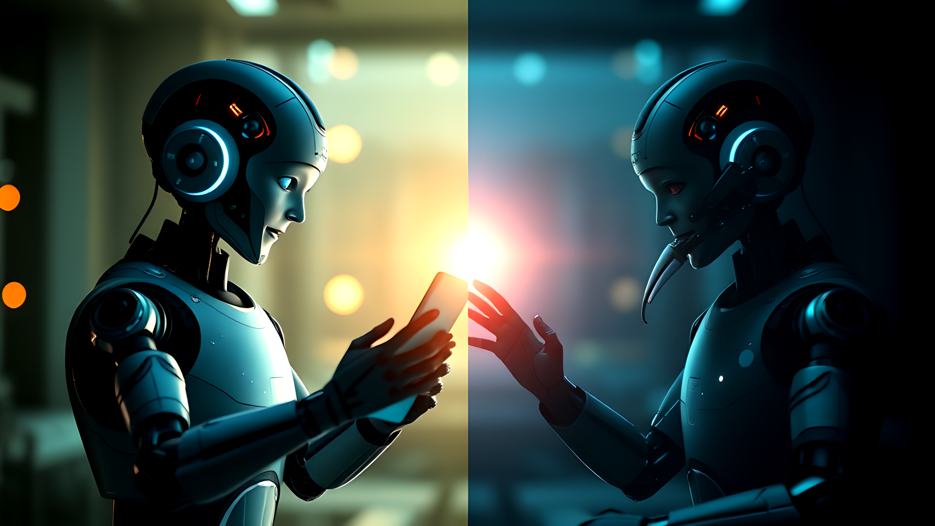 Content KI - Zwei Roboter stehen sich gegenüber - mit KI erstellt