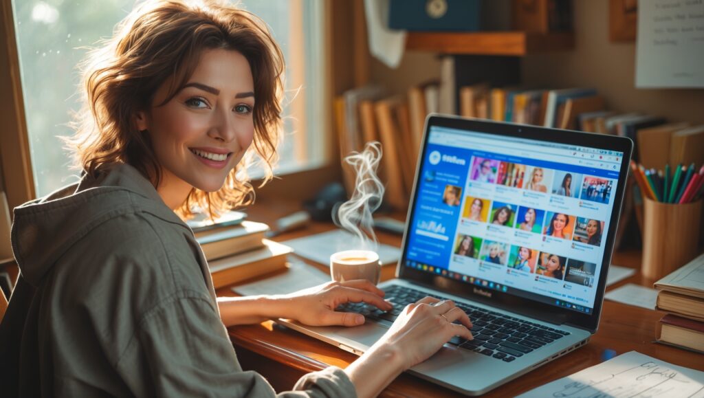 Facebook -eine Frau lächelt, wie sie sich auf ihrem PC Facebook ansieht - mit KI erstellt