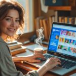 Facebook -eine Frau lächelt, wie sie sich auf ihrem PC Facebook ansieht - mit KI erstellt