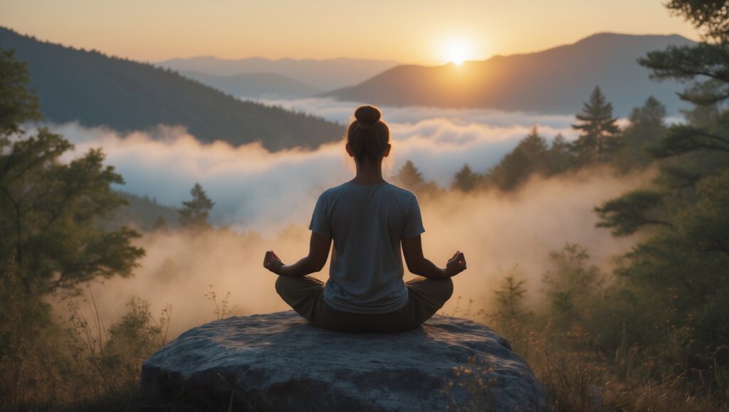 Ausdauer und Geduld. Eine Frau macht am Morgen Meditation - mit KI erstellt