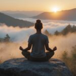 Ausdauer und Geduld. Eine Frau macht am Morgen Meditation - mit KI erstellt