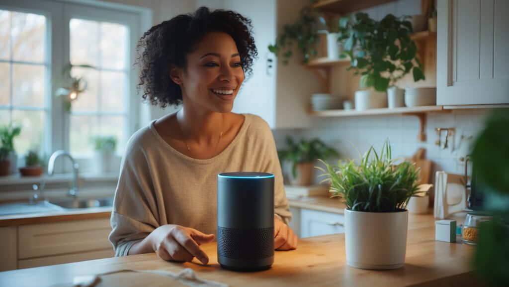 KI - eine Frau spricht mit Alexa - mit KI erstellt