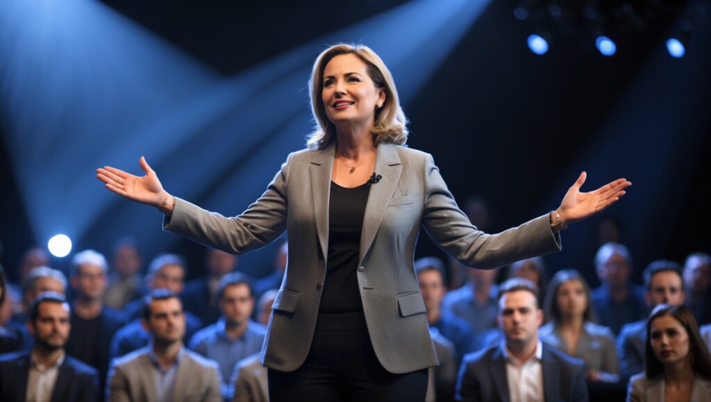 Selbstbewusstsein - Eine Frau steht vor einem Publikum - mit KI erstellt