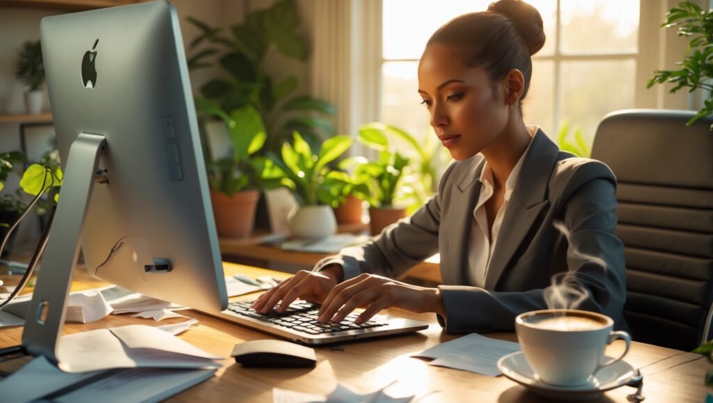 Krisenmanagement - Eine Frau sitzt am Laptop - mit KI erstellt