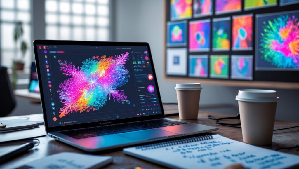 KI Bildgenerierung - Ein Laputp mit einem Kaffee und der PC erstellt gerade KI Bilder - Mit KI erstellt