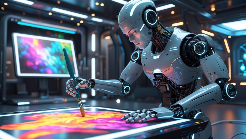 KI Bilder - Ein Roboter malt ein Bild -mit KI erstellt