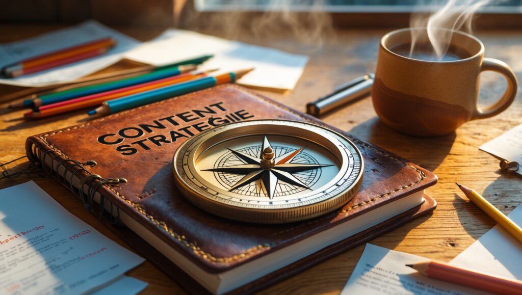 Content Strategie - Ein Buch und ein Kompass und Stifte - mit KI erstellt