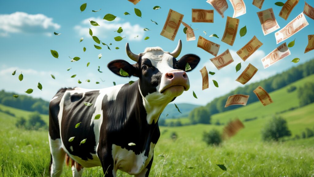 EMail Cashcow - Eine Kuh steht auf der Weide, und es fliegen Geldscheine - mit KI erstellt