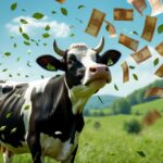 EMail Cashcow - Eine Kuh steht auf der Weide, und es fliegen Geldscheine - mit KI erstellt