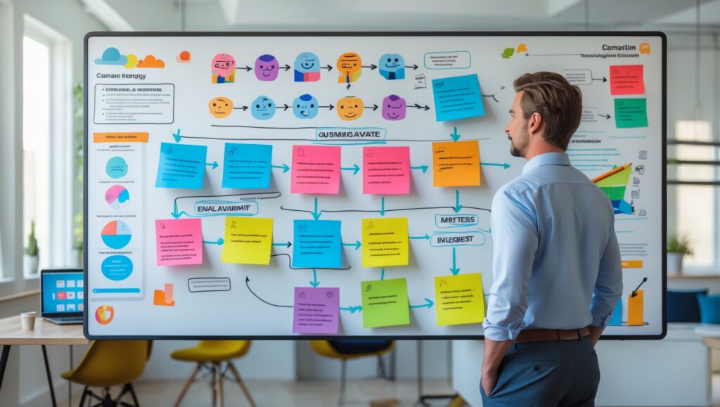 E-Mail Funnel - Ein Whiteboard wo alle Schritte angepinnt sind zum besseren Verständnis - mit KI estellt