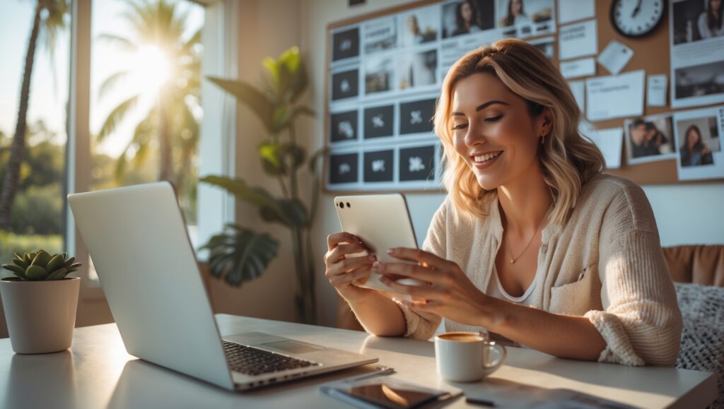 langfristige Strategien - Eine Frau sitzt mit Laptop und Tablet am Tisch und schaut ihre Einnahmen an, die sie durch AFfiliate marketing erwirtschaftet hat - mit KI erstellt