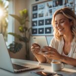 langfristige Strategien - Eine Frau sitzt mit Laptop und Tablet am Tisch und schaut ihre Einnahmen an, die sie durch AFfiliate marketing erwirtschaftet hat - mit KI erstellt